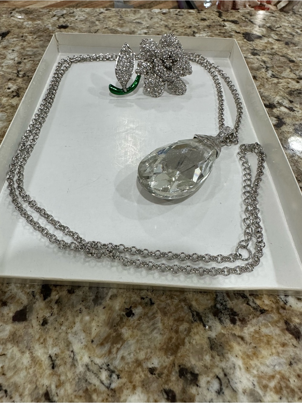 Jewelry Set-Crystal Teardrop Pendant Necklace /adjustable rhinestone flower ring